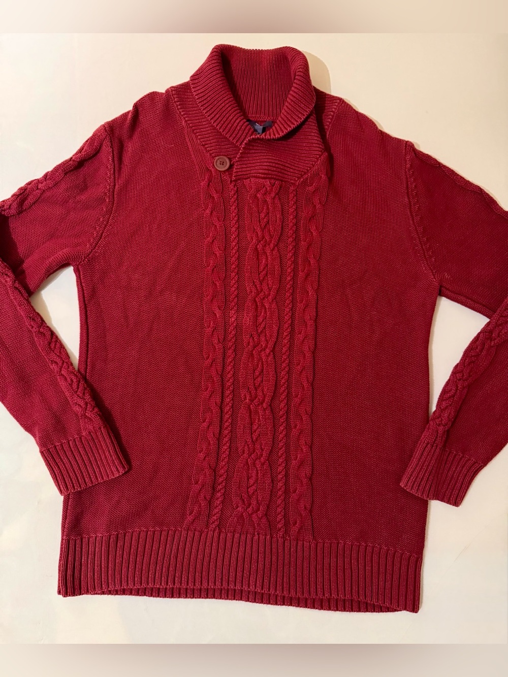 GAP Men’s XL Burgundy/Red Heavy Cable-knit Shawl Collar Sweater